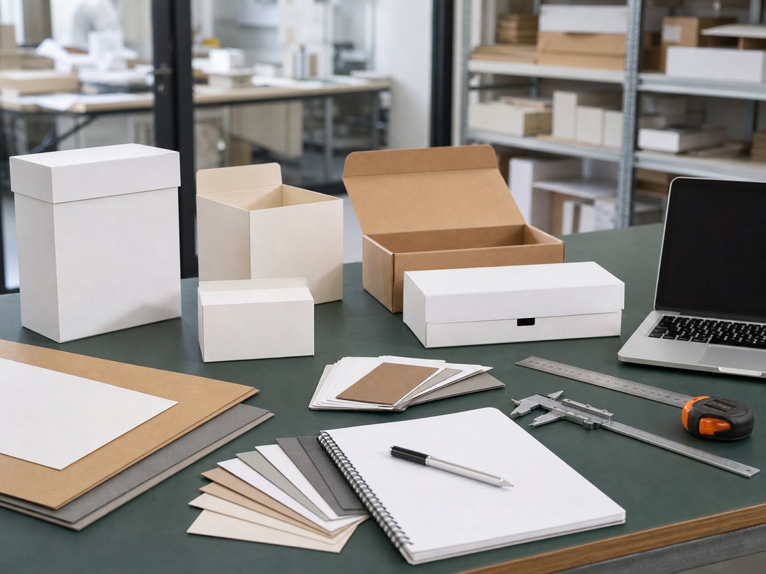 Packaging quotation desk with box structures, material swatches, and measuring tools